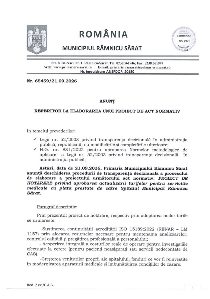Primăria Râmnicu Sărat a publicat un anunț public