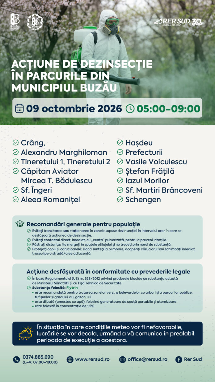 Dezinsecție în toate parcurile din Buzău, pe 9 octombrie 2026